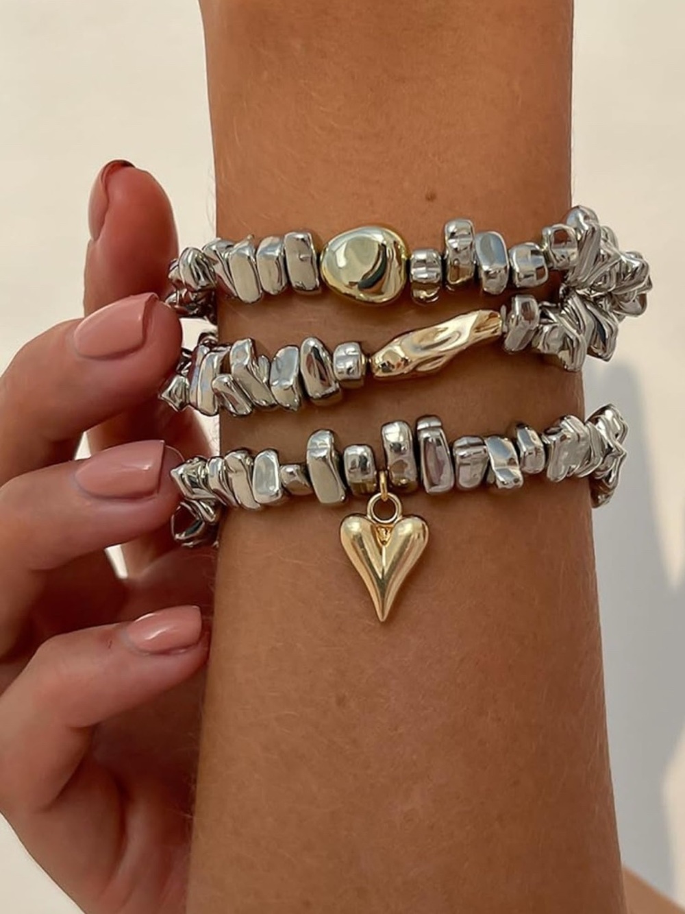 2 Tone Heart Charm Stretch Bracelet Set - Silver & Gold NEW